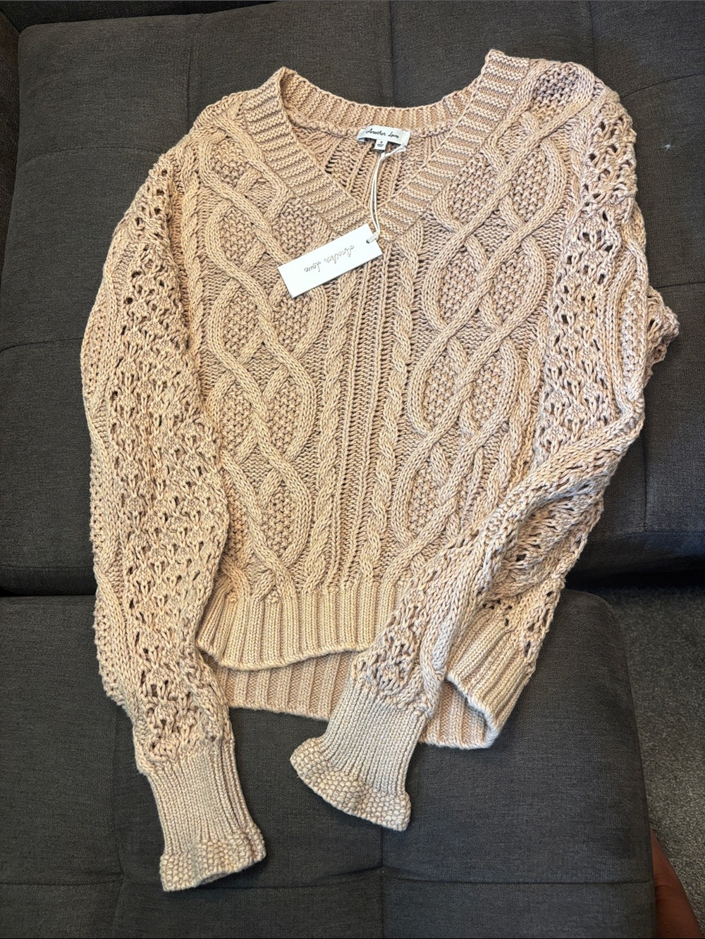 Another Love Cable & Crochet V-Neck Sweater in Blush